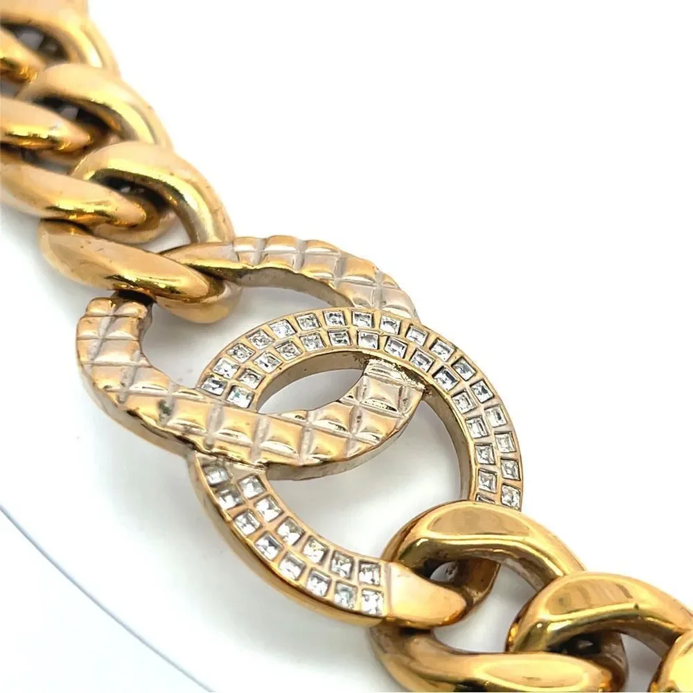 Chanel REV Gold Golden Cuban Link Chain Crystal CC Logo Choker Pendant Necklace